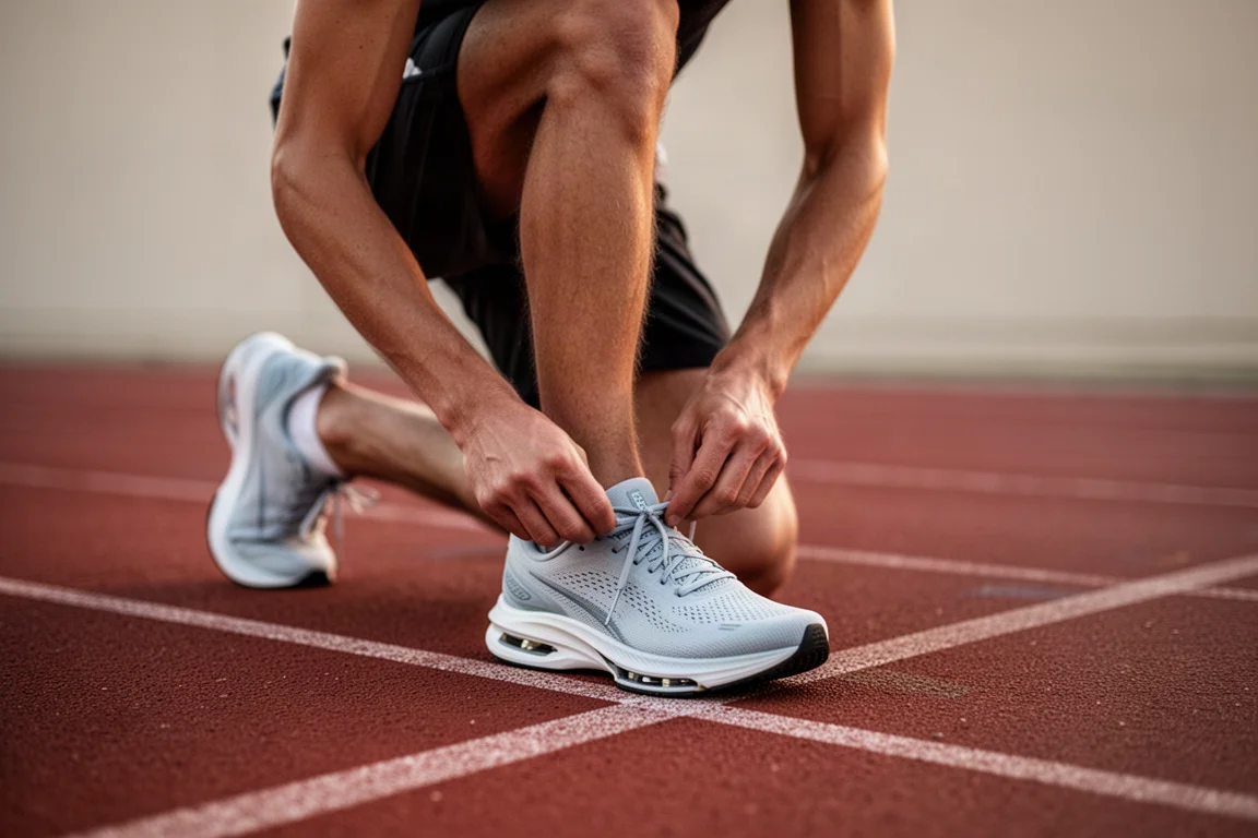 Runner che allaccia una scarpa da gara leggera prima di un allenamento veloce