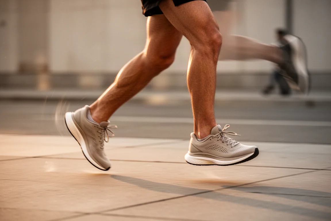 Primer plano de la mediasuela acolchada de una zapatilla de running siendo presionada
