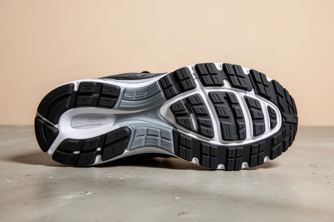 Suela exterior de una zapatilla de running mostrando las secciones de goma