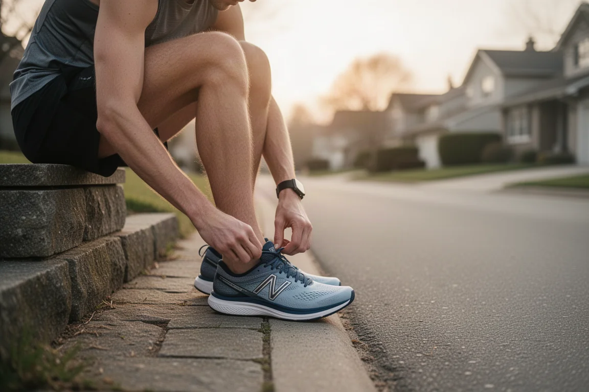 Runner lacing up a stability running shoe on a quiet suburban road at sunrise