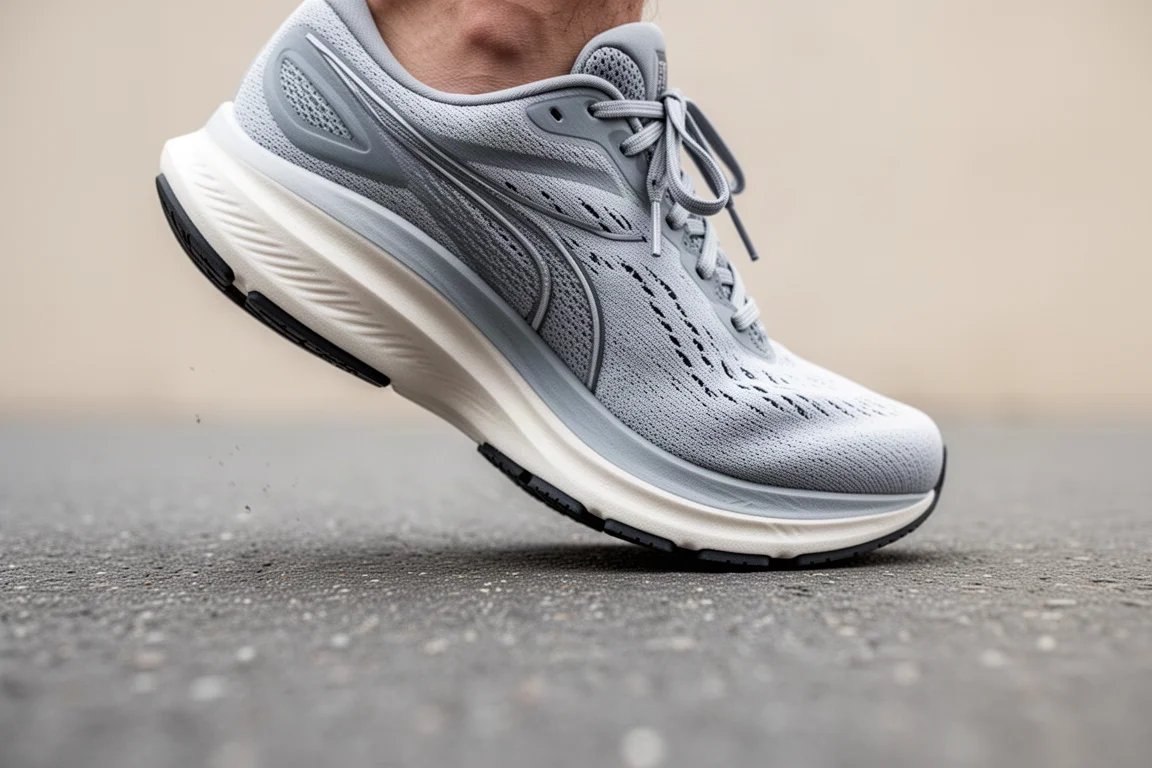 Close-up of a running shoe midsole flexing during a toe-off on tarmac