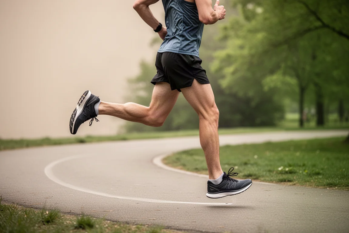 Runner turning a corner on a paved path with visible heel strike