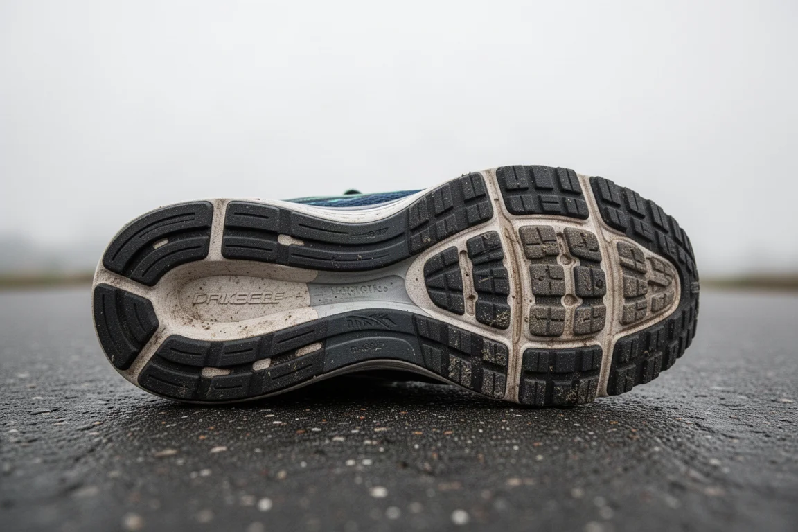 Worn running shoe outsole resting on asphalt showing tread after training miles