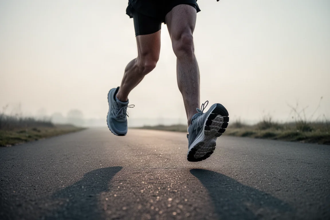 Chaussures d'un coureur lors d'une sortie facile sur route dans une douce lumière matinale