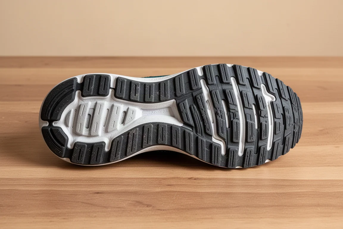 Semelle extérieure d'une chaussure de running avec son profil de crampons posée sur une surface en bois