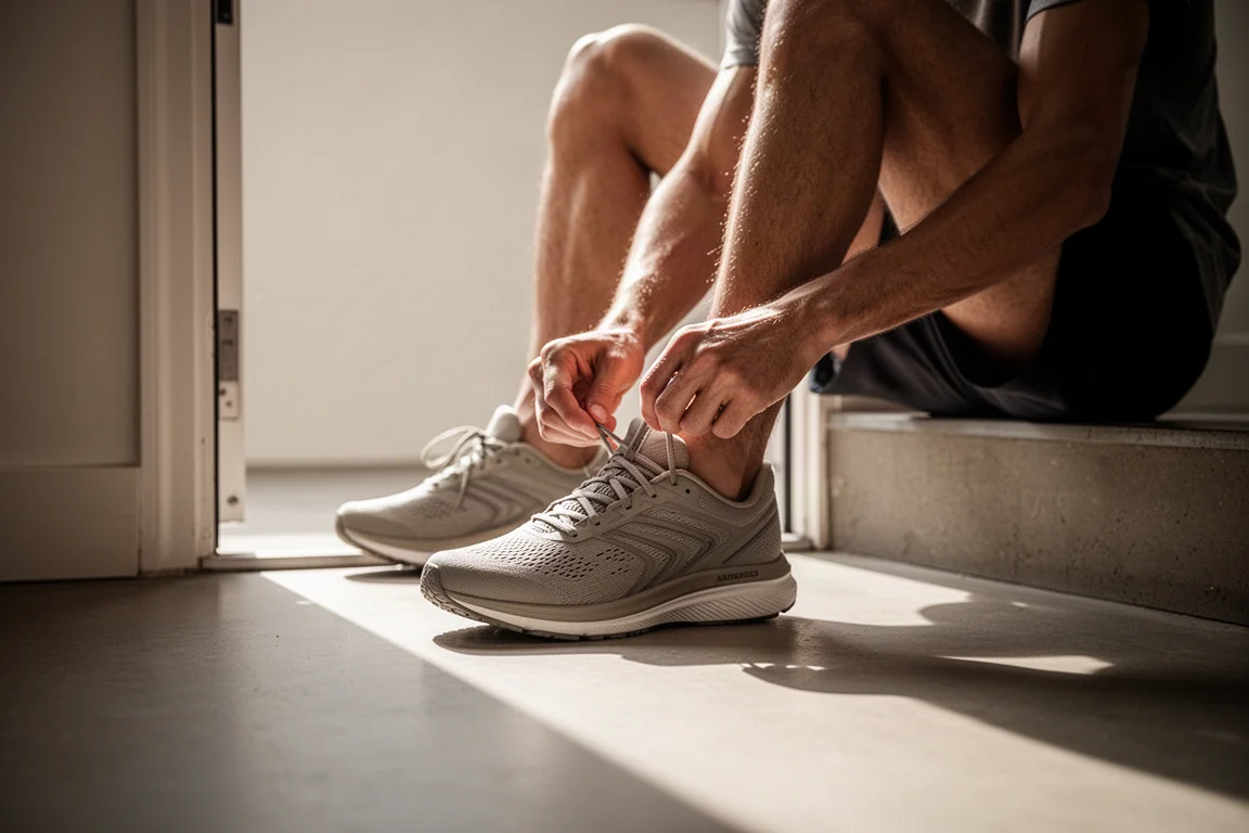 Un coureur lacent sa chaussure de running dans une porte avant une sortie facile