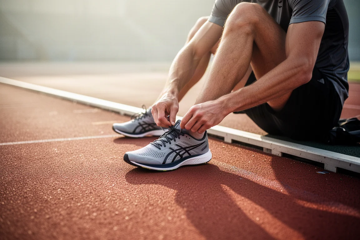Hardloper strikt 's ochtends in vroeg licht lichte raceschoenen op een atletiekbaan