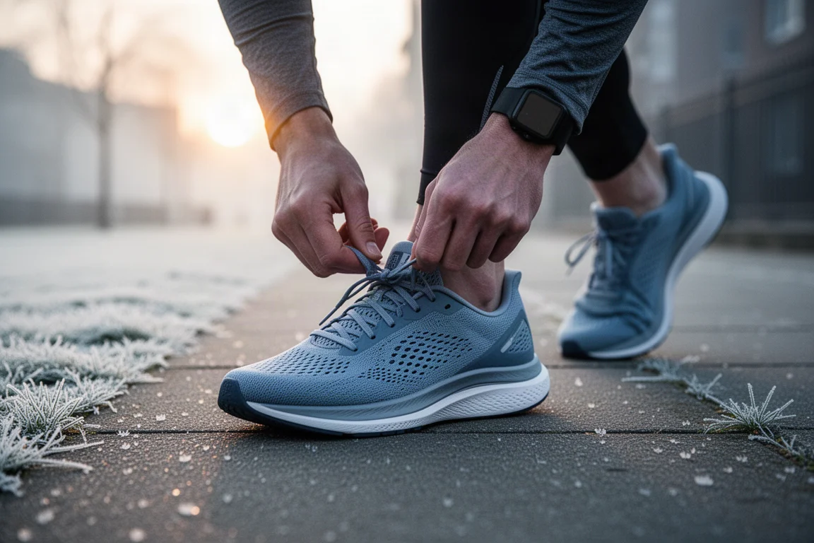 Un runner allaccia una scarpa da gara leggera su un asfalto gelido in una fredda mattinata