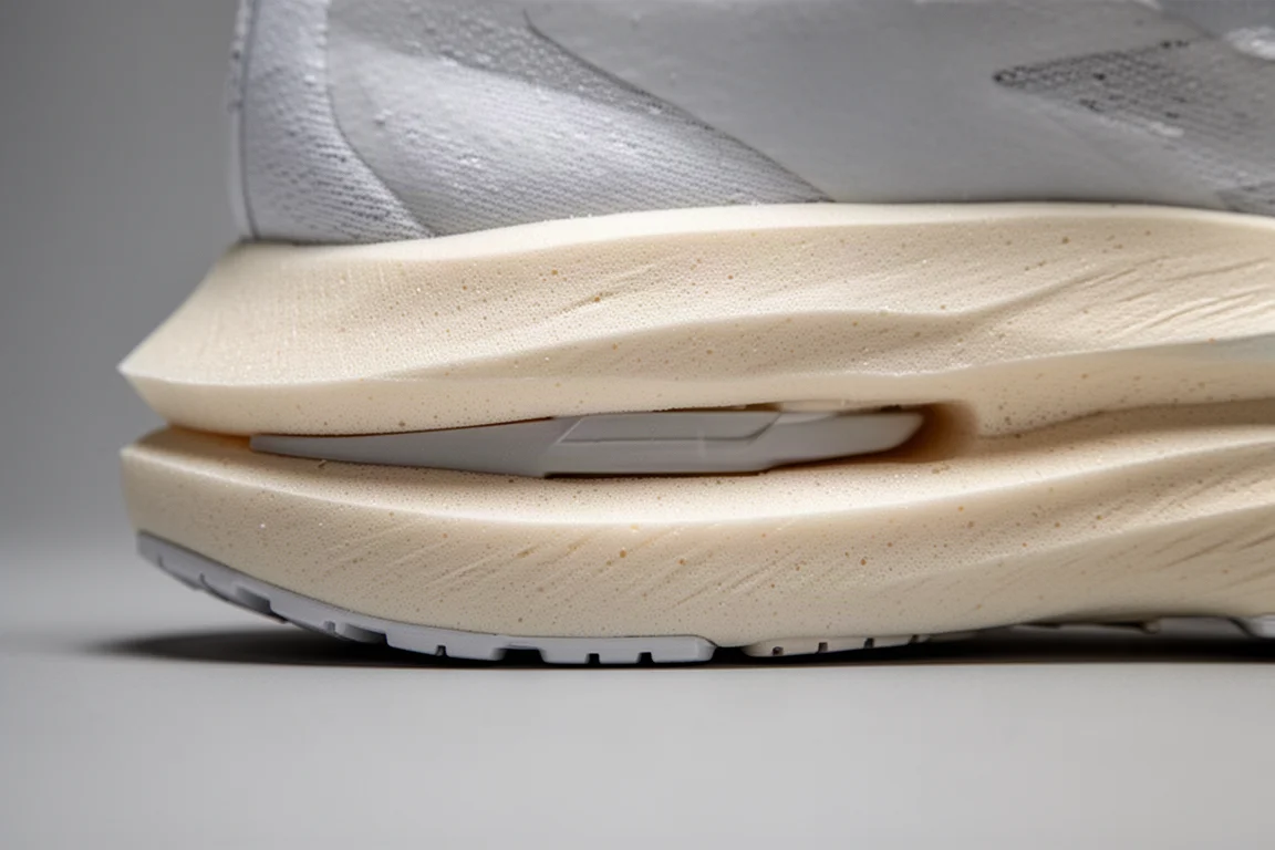 Primo piano della intersuola di una scarpa da running leggera con strati di foam ed energy rods