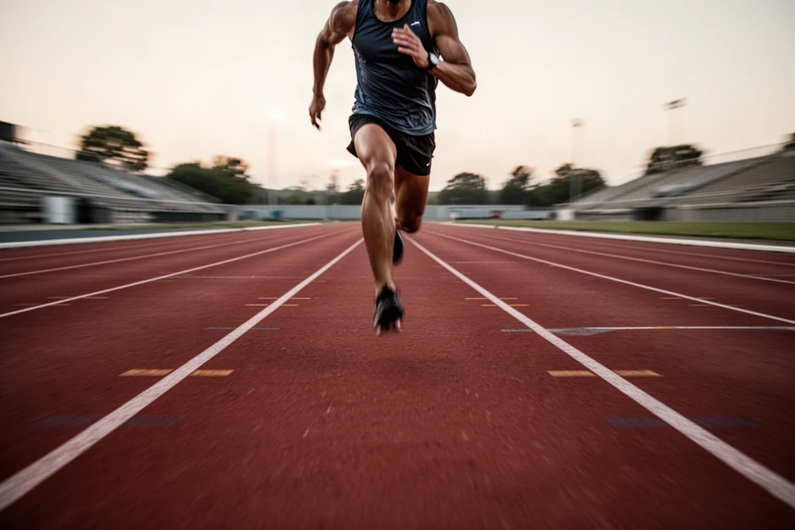 Un atleta corre intervalli veloci su una pista di atletica all'aperto all'alba