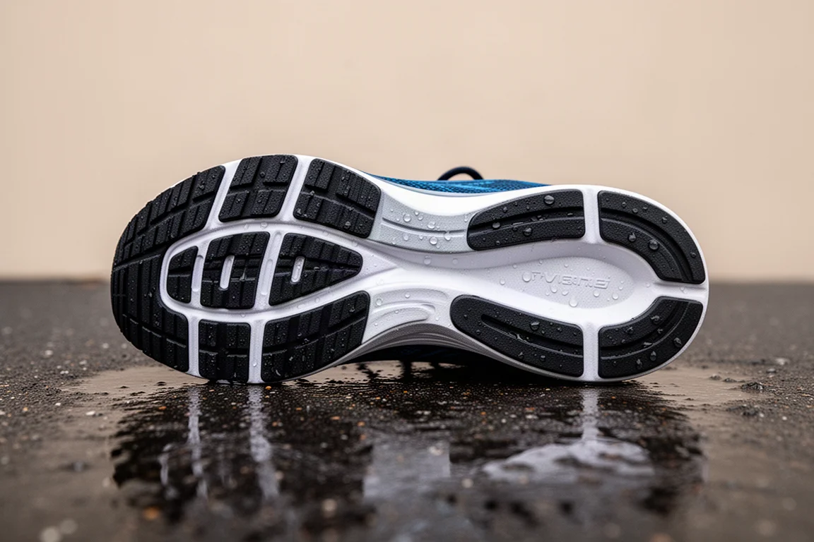 Suola in gomma Continental di una scarpa da running che aderisce all'asfalto bagnato