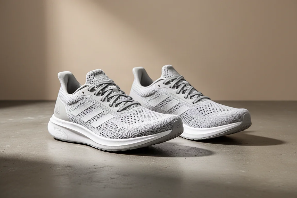 Two Adidas Takumi Sen racing shoes side by side on a concrete surface