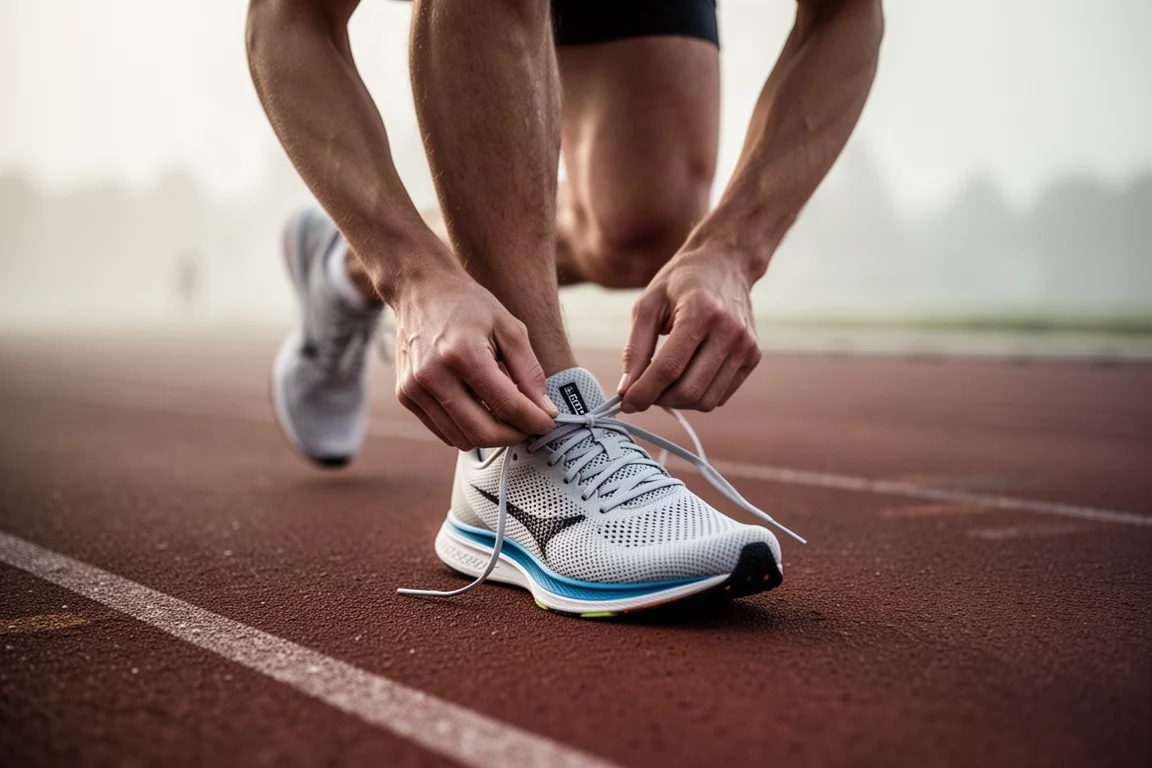 Runner lacing up a pair of lightweight racing shoes on a track