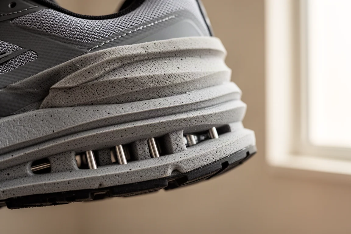 Close-up of a cushioned midsole showing foam stack and forefoot rods