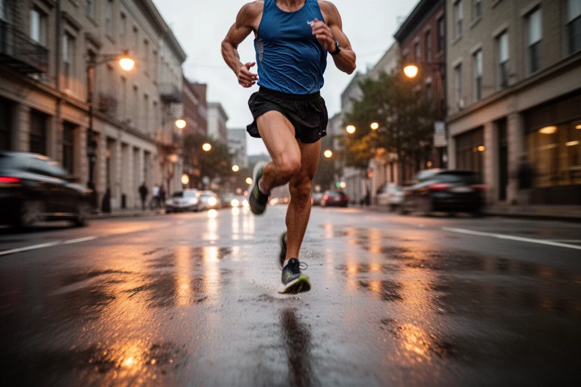 Runner racing a fast 10K through city streets