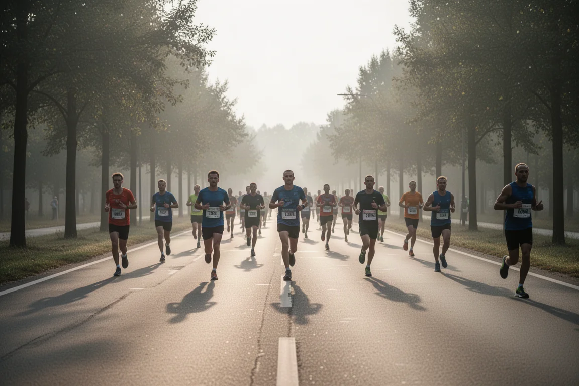 Runners on an open road during a half marathon race