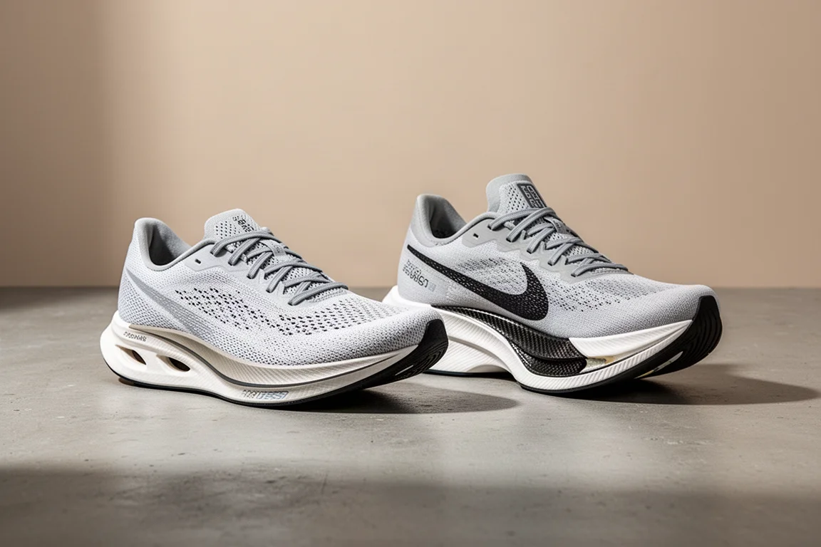 Two Adidas racing shoes, a low-stack racer and a high-stack carbon shoe, on a concrete surface