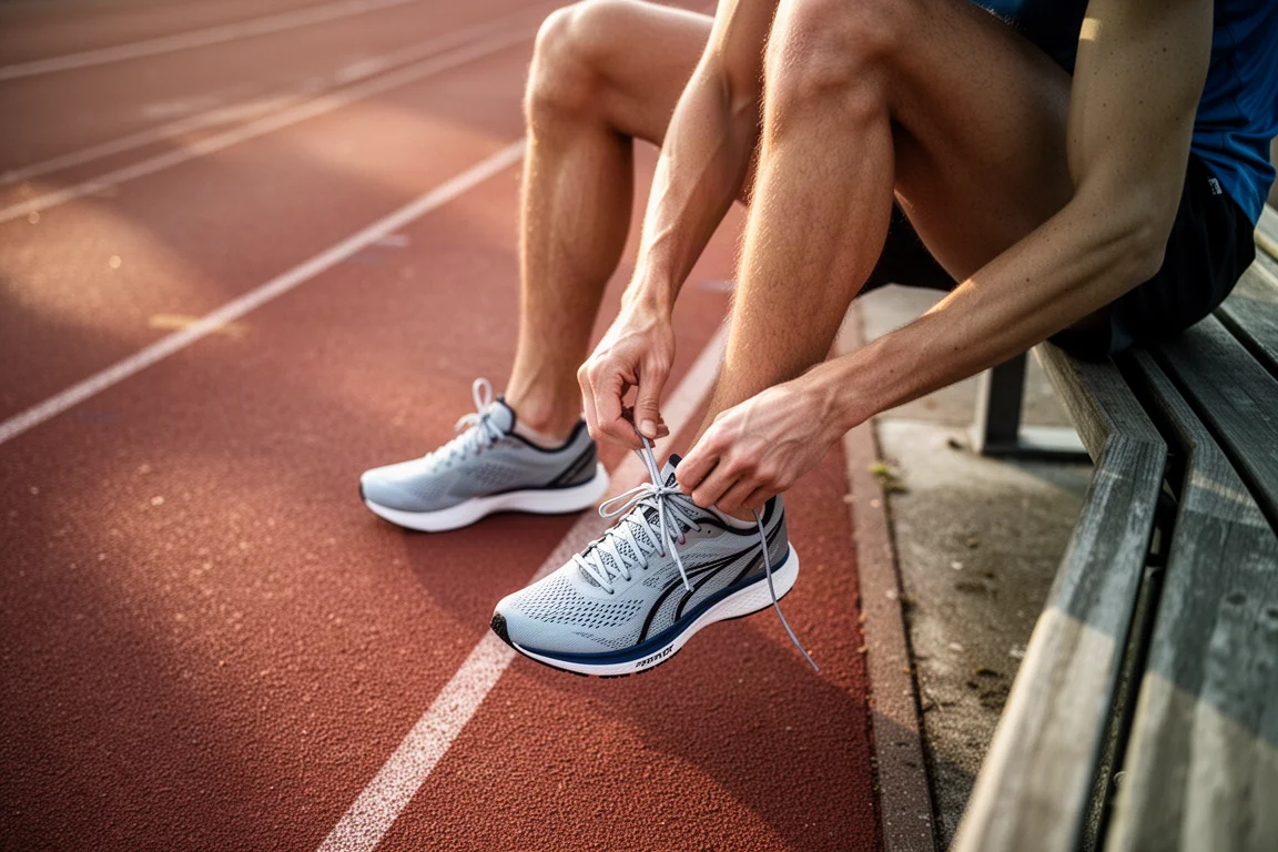 Hardloper die veters aantrekt van een strak zittende raceschoen voor een baantraining