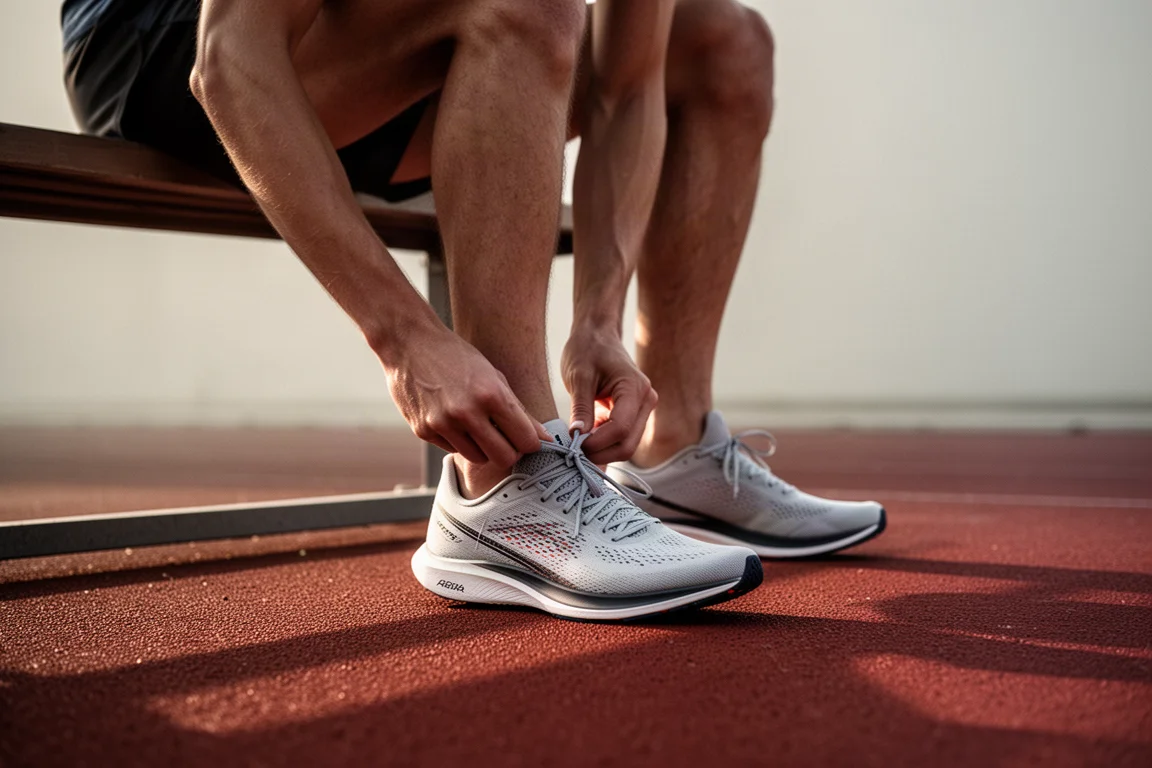 Runner tightening laces on a low-profile racing shoe before a track workout