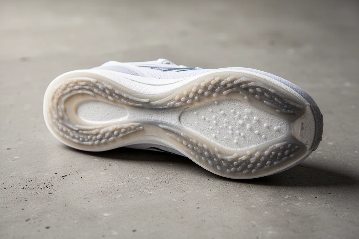 Close-up of a racing shoe outsole with rubber traction pattern