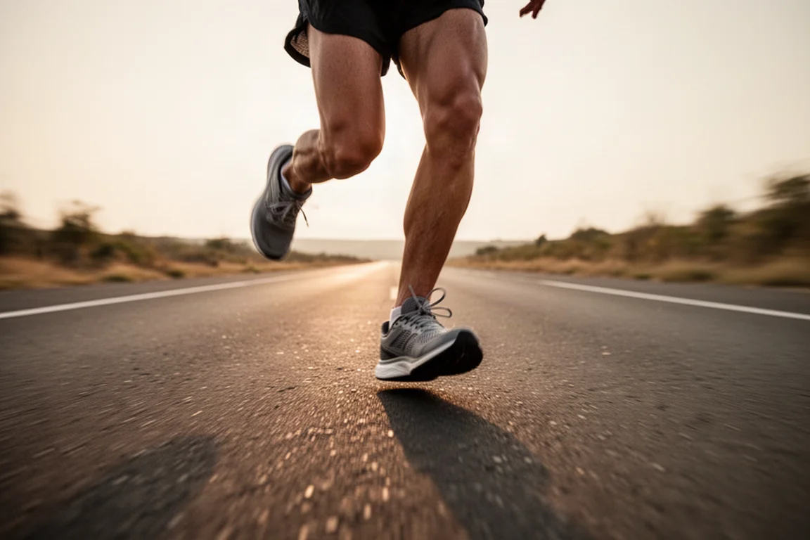 Runner mid-stride during fast mile repeats on an empty road