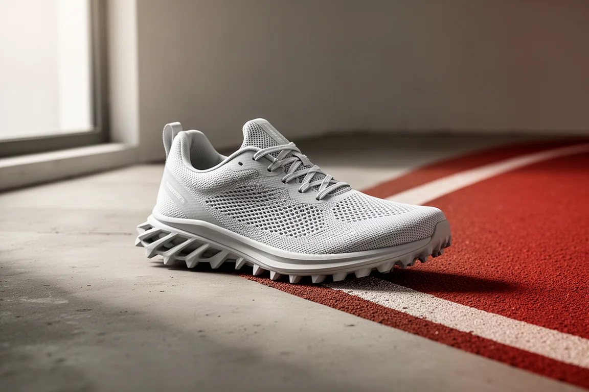 Low-profile racing shoe at a three-quarter angle on concrete beside a track