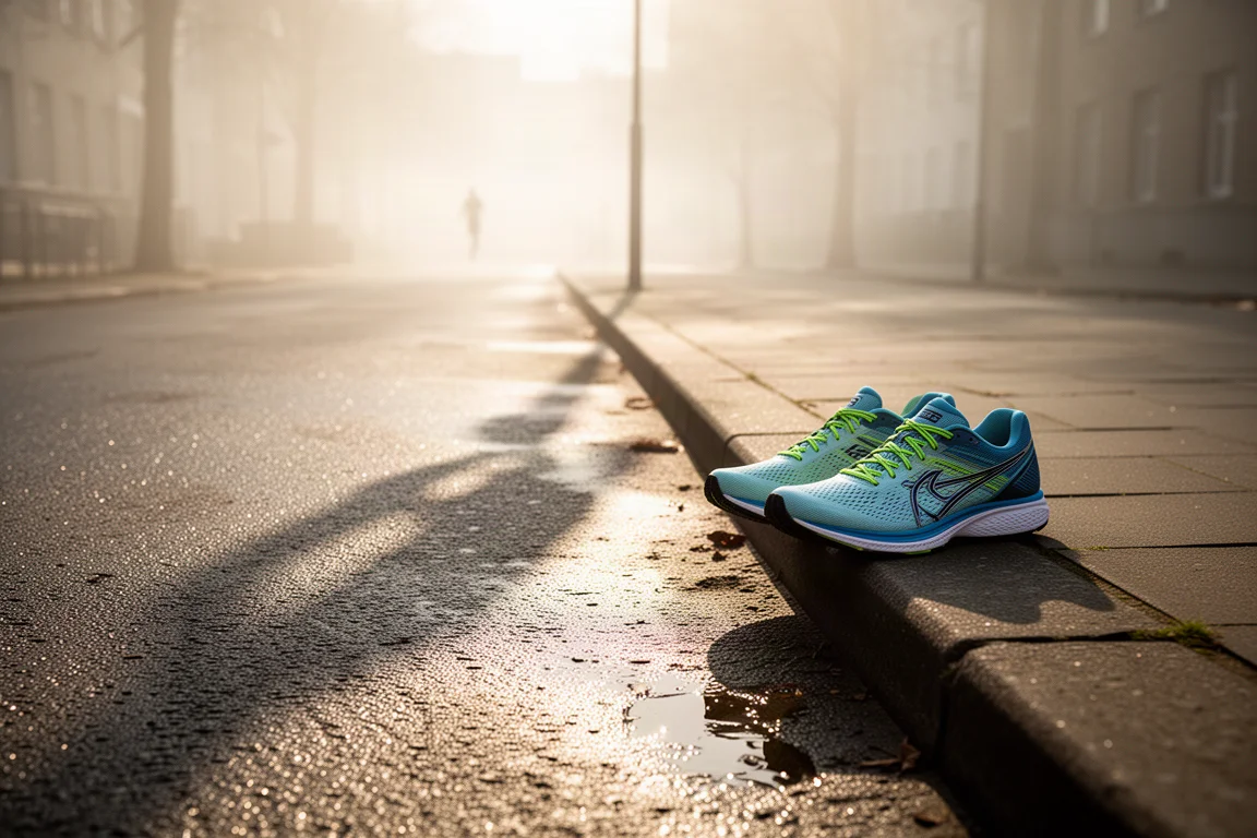 Zapatos de competición sobre el pavimento antes de una sesión de entrenamiento a primera hora de la mañana
