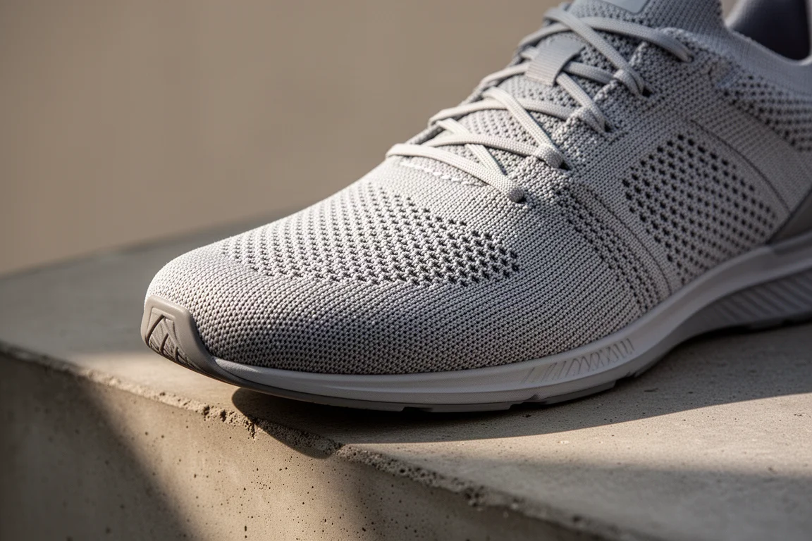Primer plano del corte superior de una zapatilla ligera con cordones finos sobre un escalón de hormigón