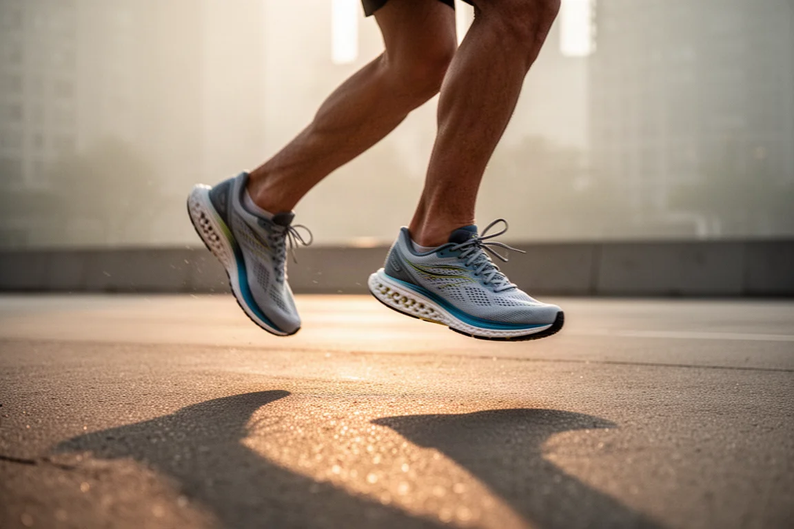 Pieds d'un coureur en pleine foulée sur une piste d'athlétisme, chaussé de chaussures de course à profil bas