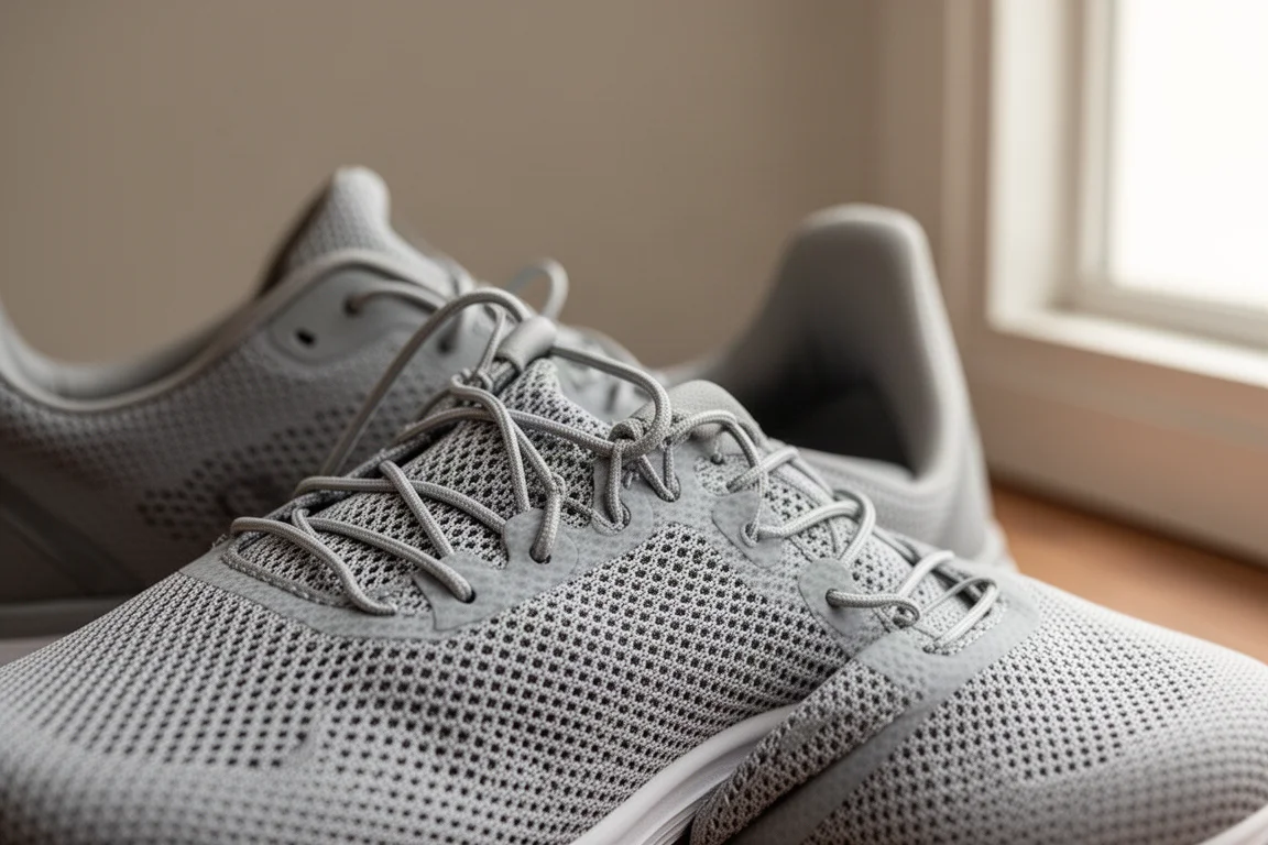 Trois paires de chaussures de running alignées sur un plancher en bois
