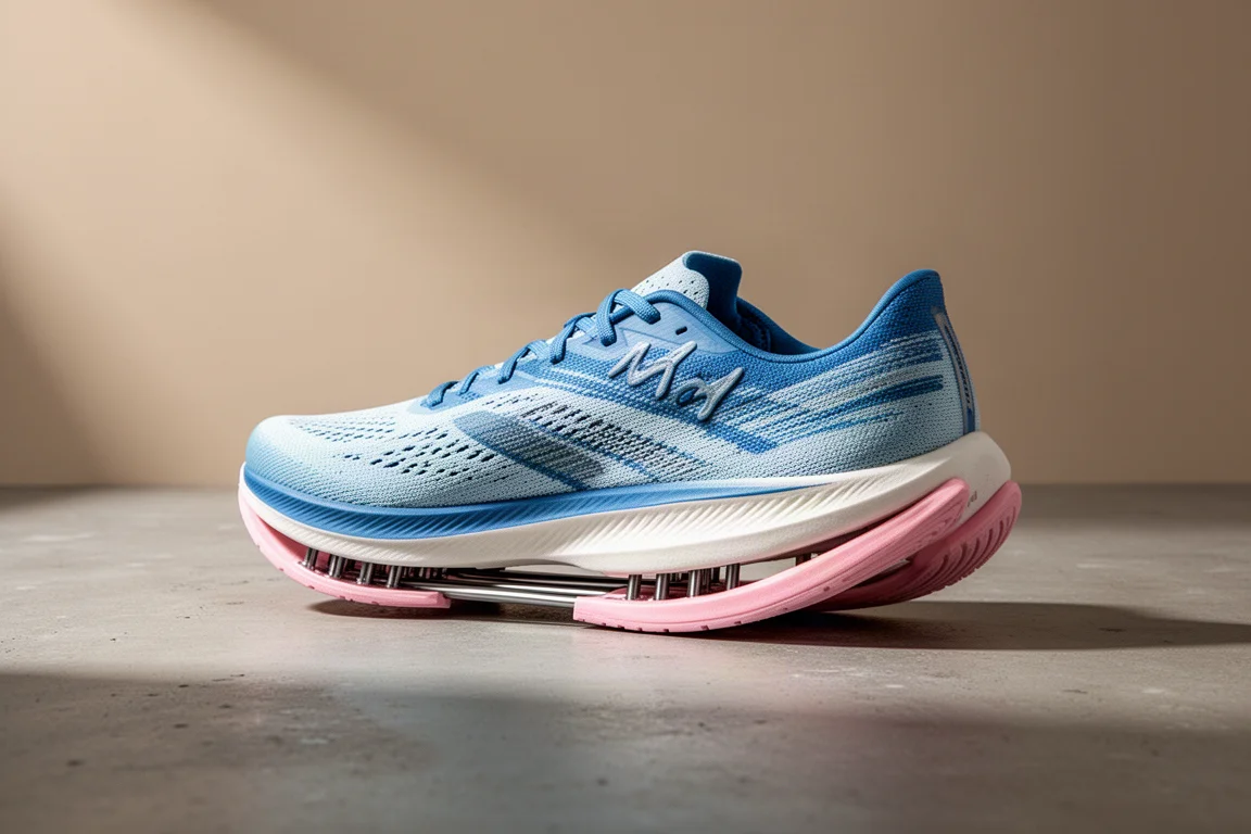 Adidas Takumi Sen 8 racing shoe in blue and pink on a concrete surface