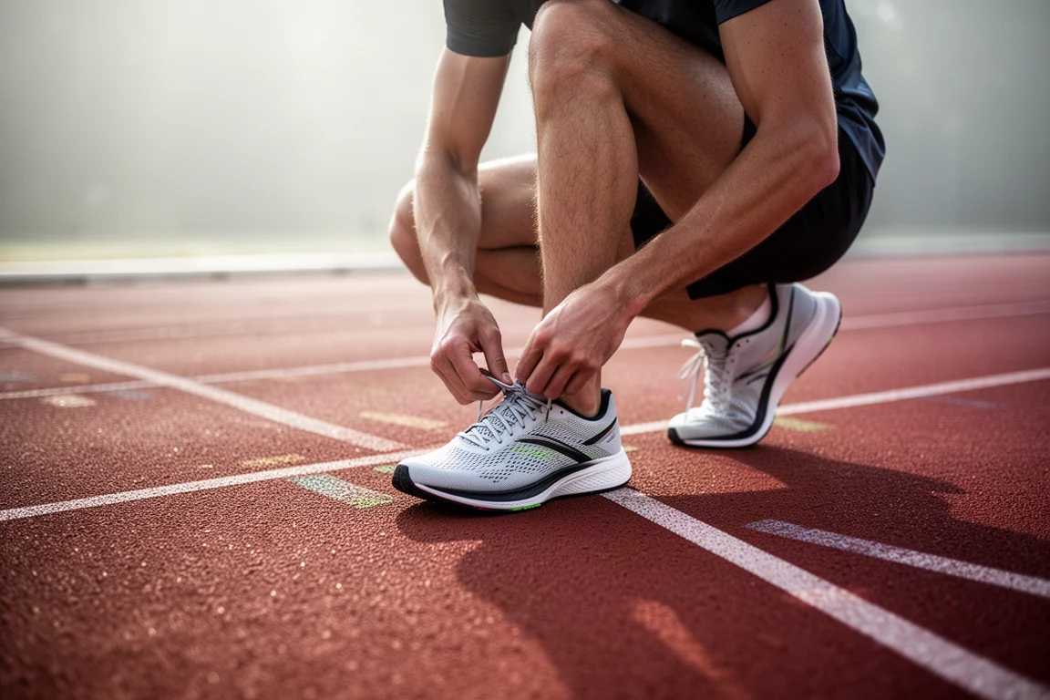 Runner tightening laces on a lightweight racing shoe before a track session
