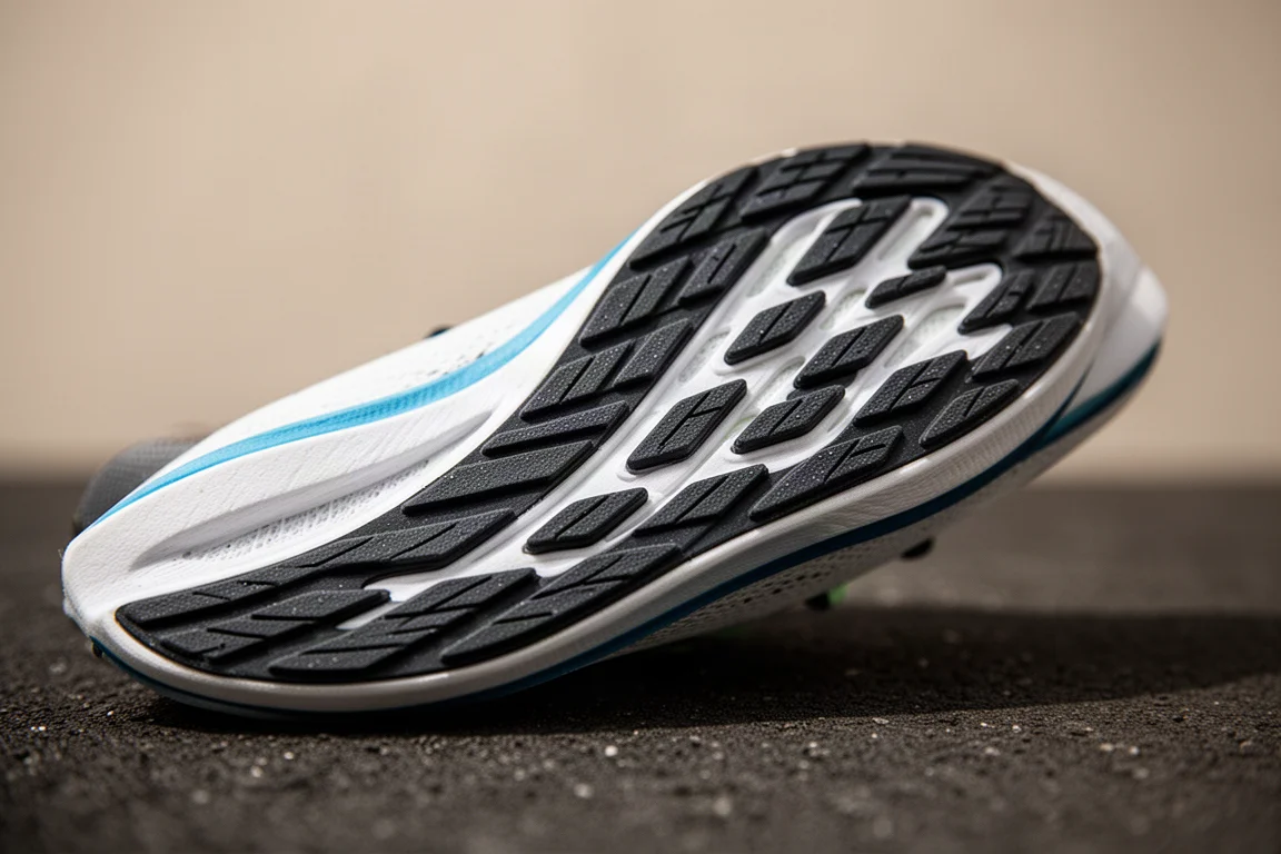 Close-up of a racing shoe forefoot outsole showing rubber traction panels