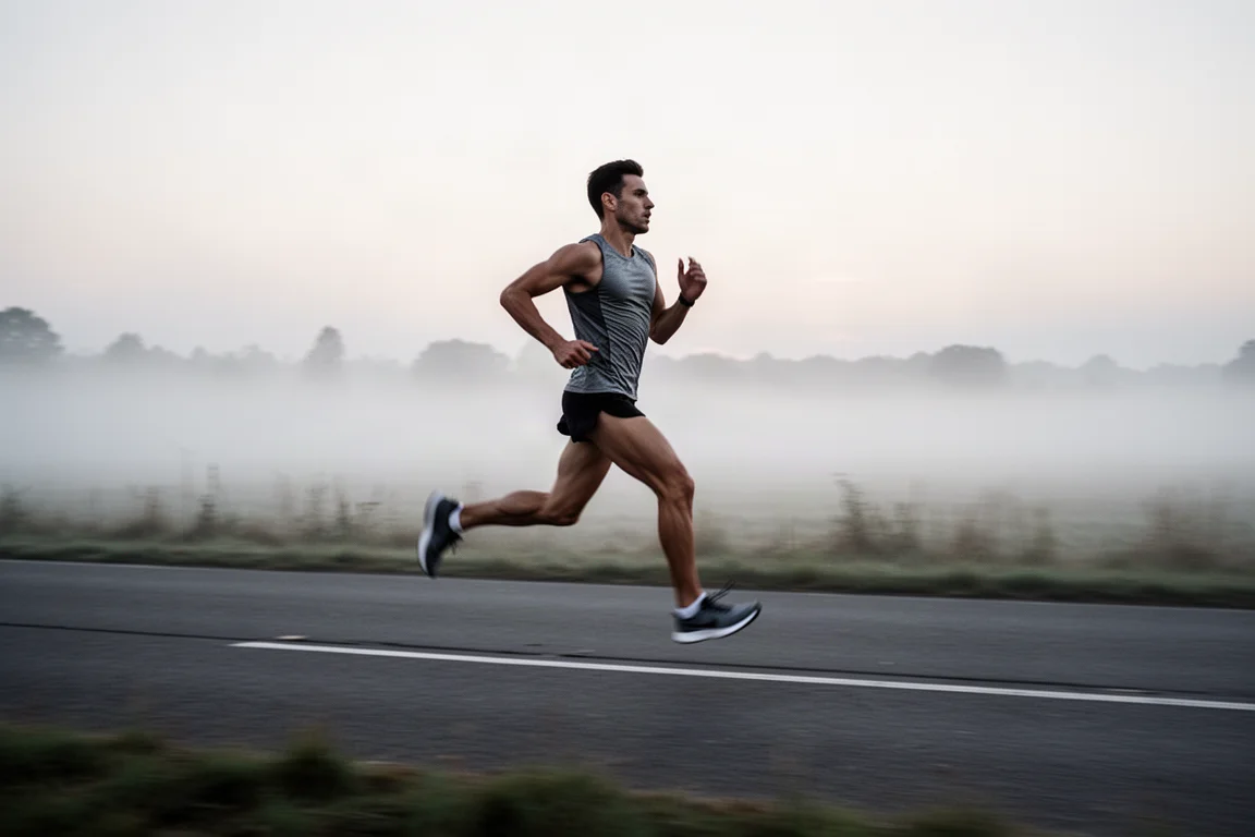 Runner cruising through a tempo run on a quiet road at dawn