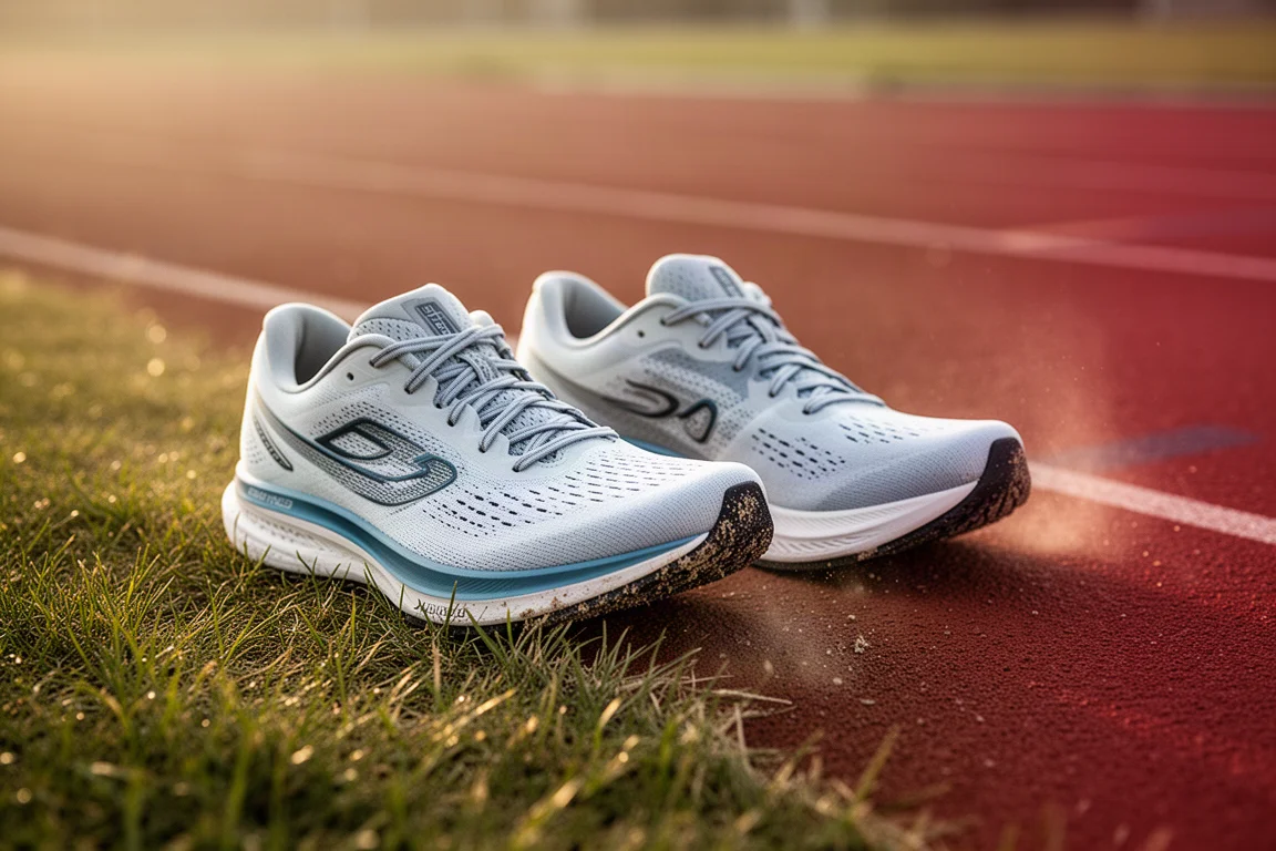 Two racing shoes resting side by side on a track apron after a workout