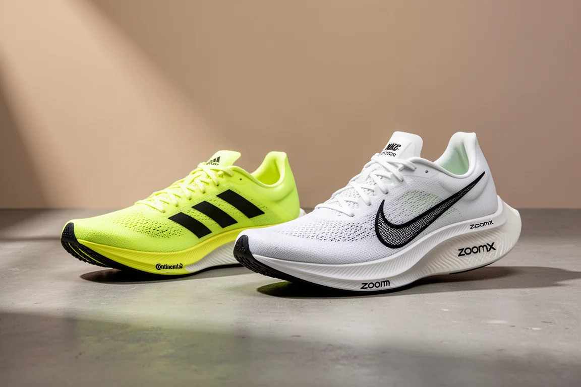 Adidas Takumi Sen 8 and Nike Vaporfly Next% 2 racing shoes side by side on concrete