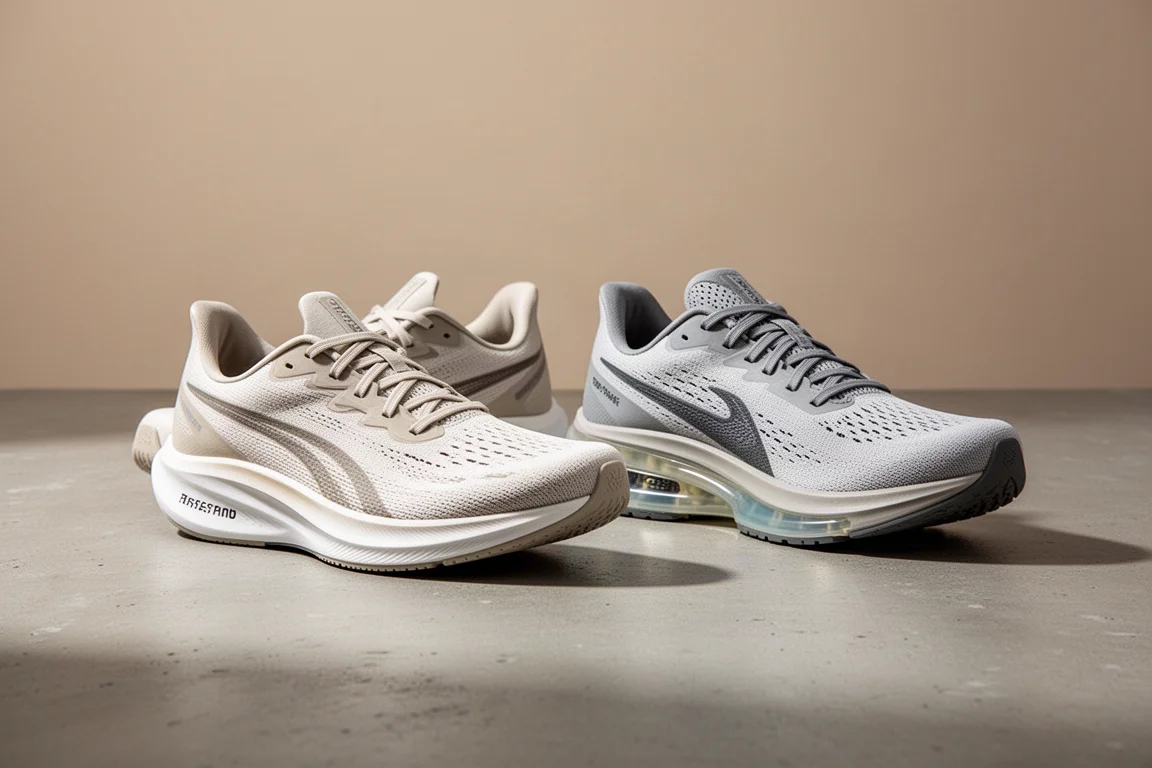 Two lightweight running shoes side by side on a matte concrete surface