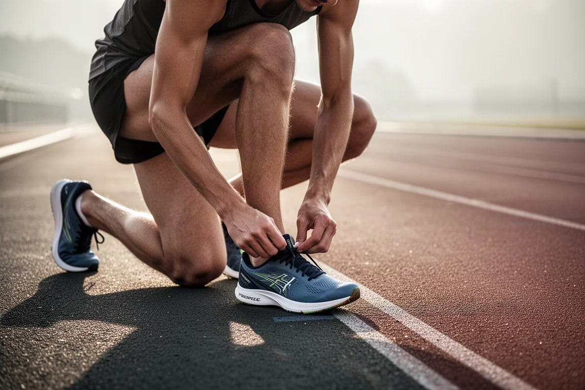 Runner che allaccia una scarpa da gara leggera sull'asfalto a bordo pista