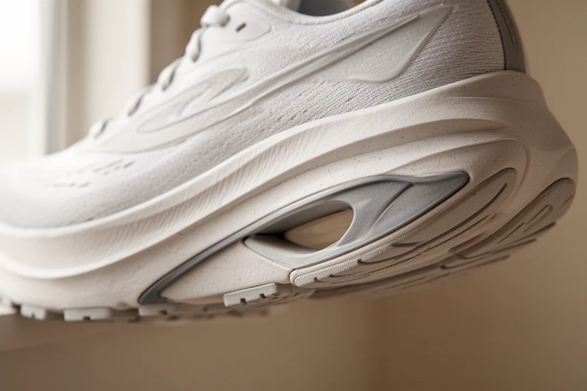 Primo piano di una midsole in schiuma scolpita su una scarpa da running