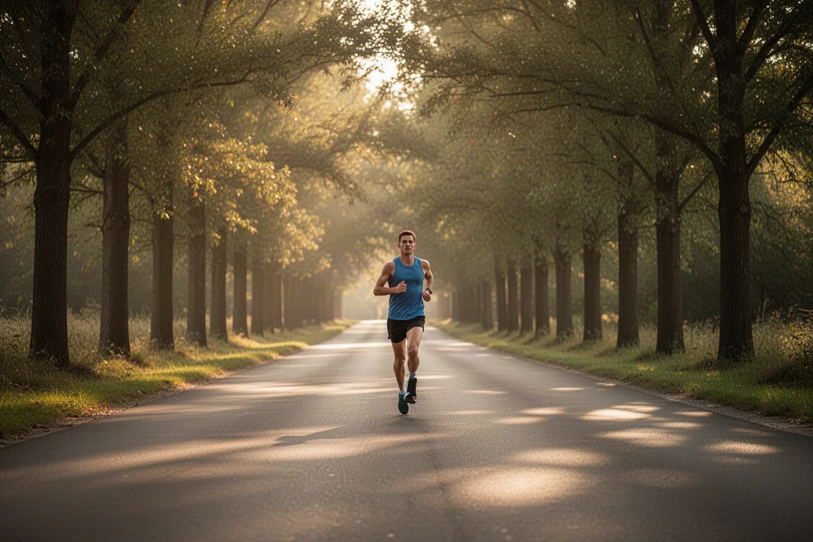 Runner che tiene un'andatura facile su una strada alberata
