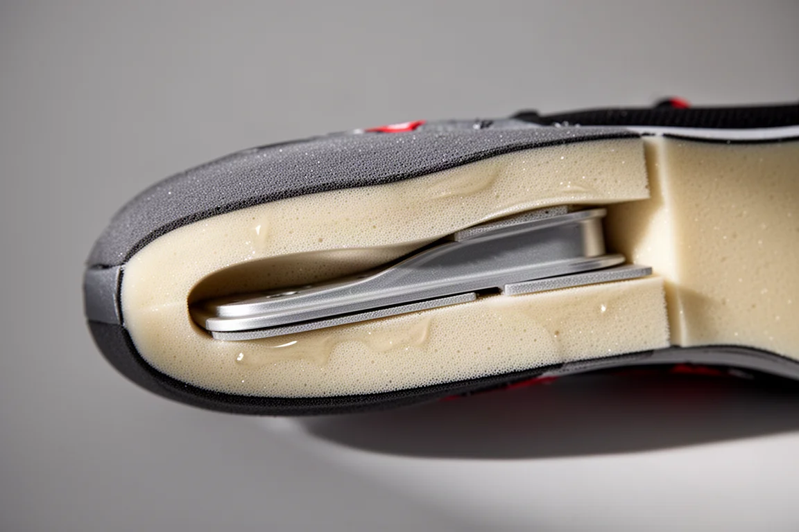 Primo piano di una piastra in carbonio visibile all'interno di una midsole da gara ammortizzata