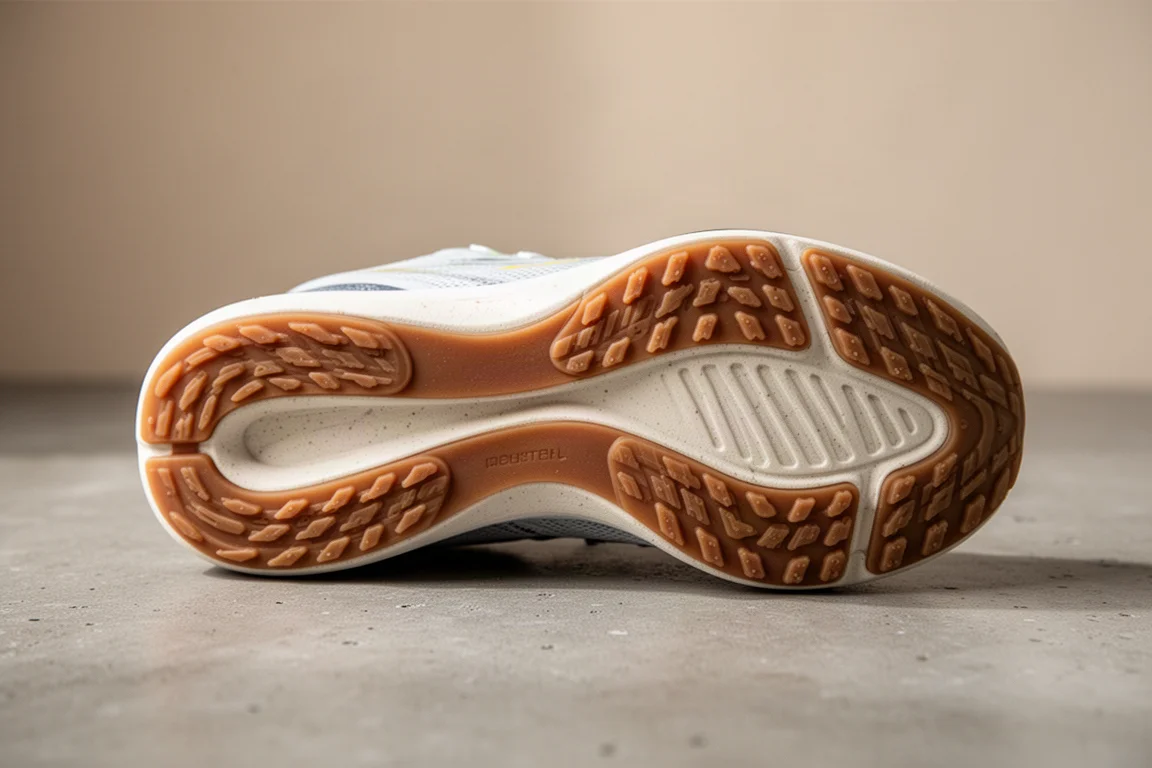 Lightweight racing shoe on a running track lane in soft morning light