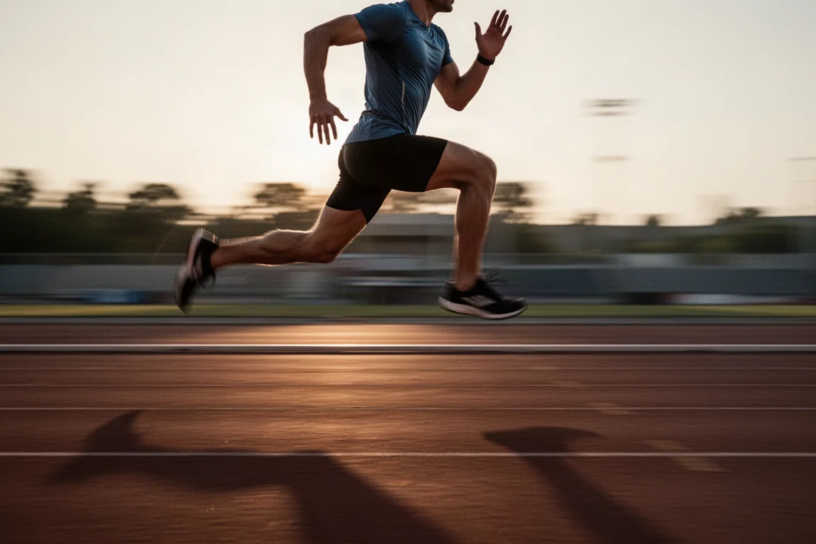 Runner cooling down on a grass field beside a track after a session