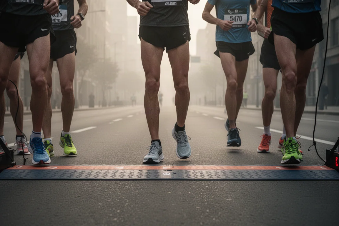 Linia startu zawodów ulicznych z biegaczami gotowymi w butach startowych
