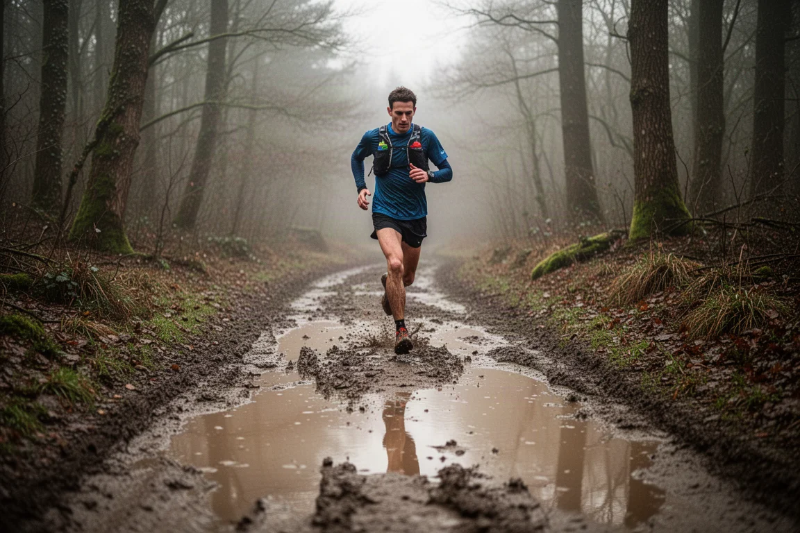 Trail runner che attraversa un sentiero forestale melmoso con luce soffusa e coperta