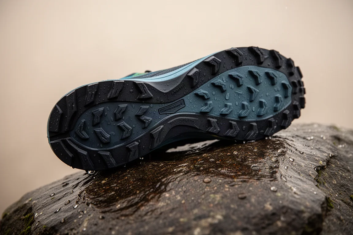Primo piano della suola di una scarpa da trail con tasselli di profondità mista su roccia bagnata
