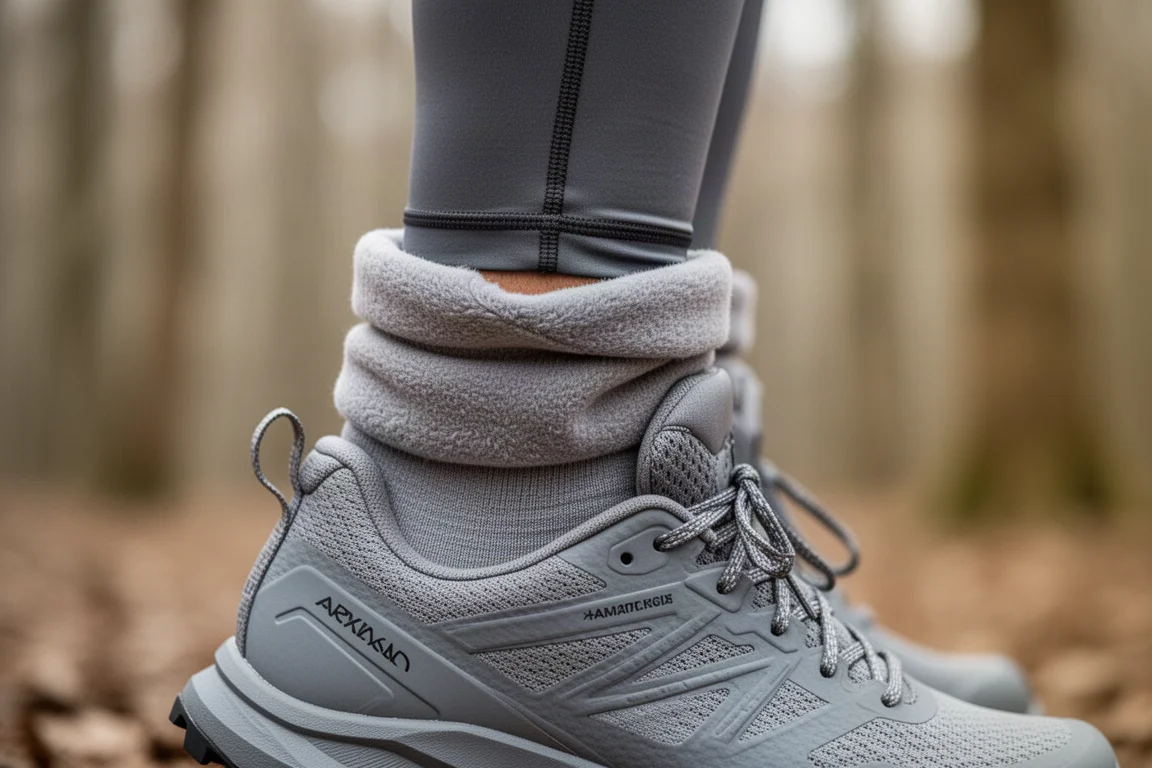 Primo piano del collare alto e morbido di una scarpa da trail sulla caviglia di un runner