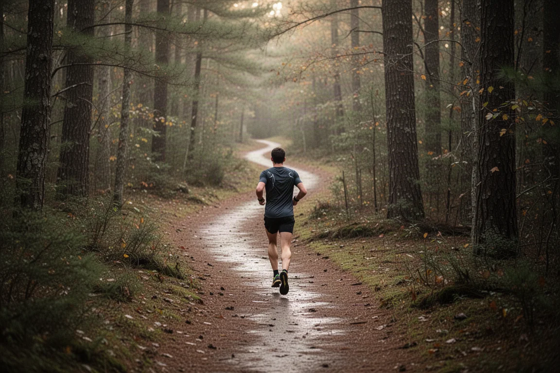 Trail runner su un lungo sentiero nel bosco circondato da alberi autunnali