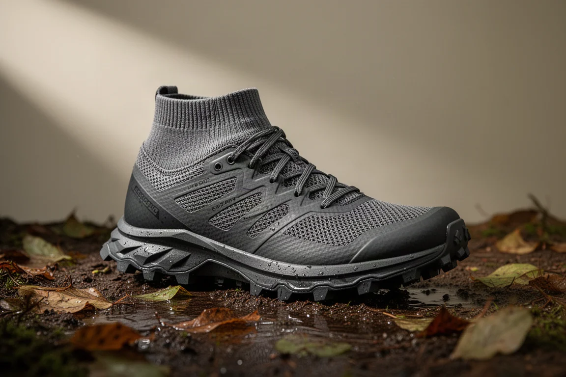 Dark trail running shoe with lugged outsole on wet forest floor