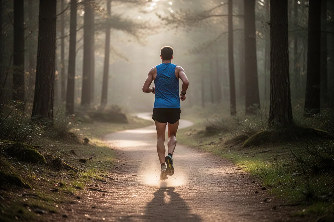 Trail runner moving along smooth single-track trail through forest